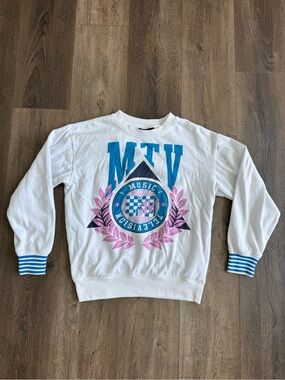 MTV White Crewneck Sweater with Blue and Pink Graphic Women’s Size Small